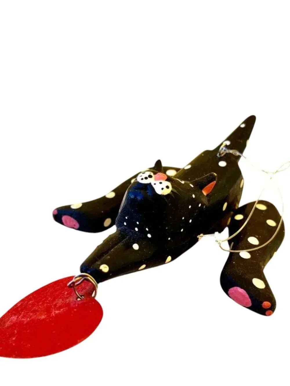 Vintage Wood Black Cat Christmas Hanging Ornament Hand Painted RED HEART Moves